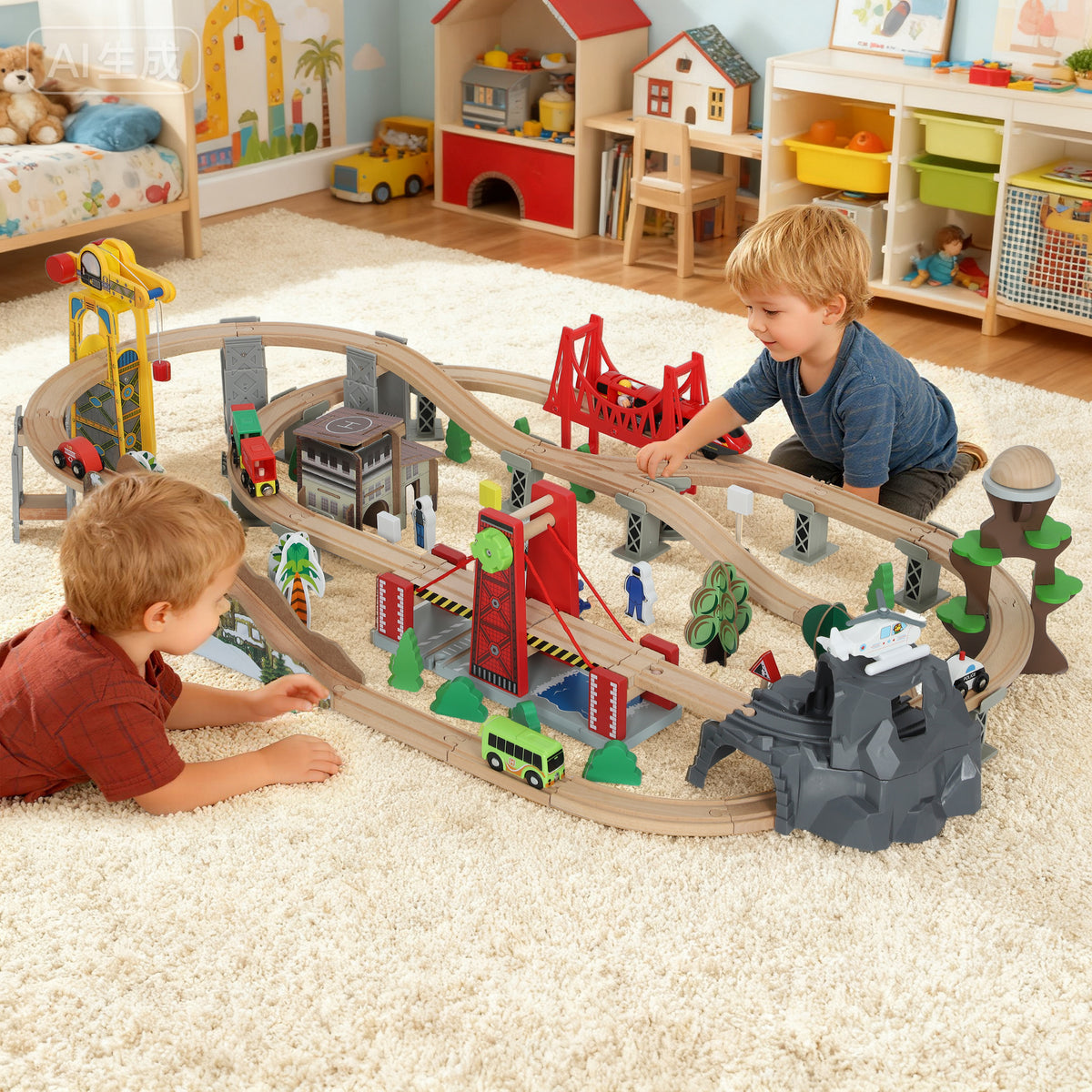AIYAPLAY Wooden Train Set, 100 Piece Toy Train With Crane For 3+ Years Old