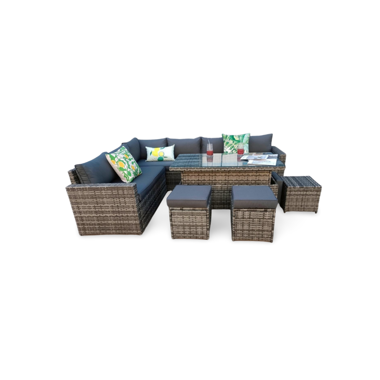 The Tarporley Grey 9 Seat Corner Rattan Dining Set - Rising Table