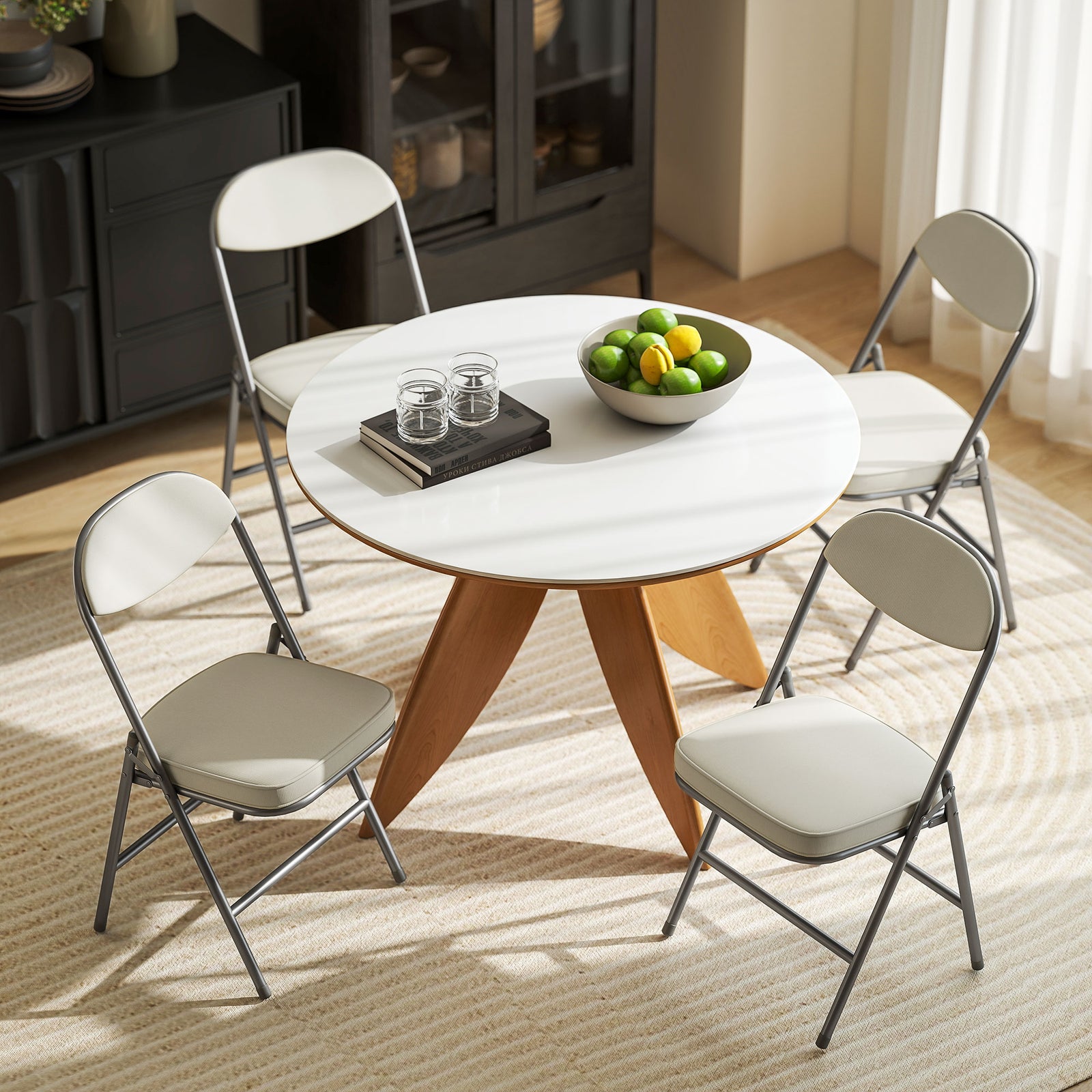 Folding Chairs Set Of 4 With Cushioned Seat, Steel Frame, Cream | Cream