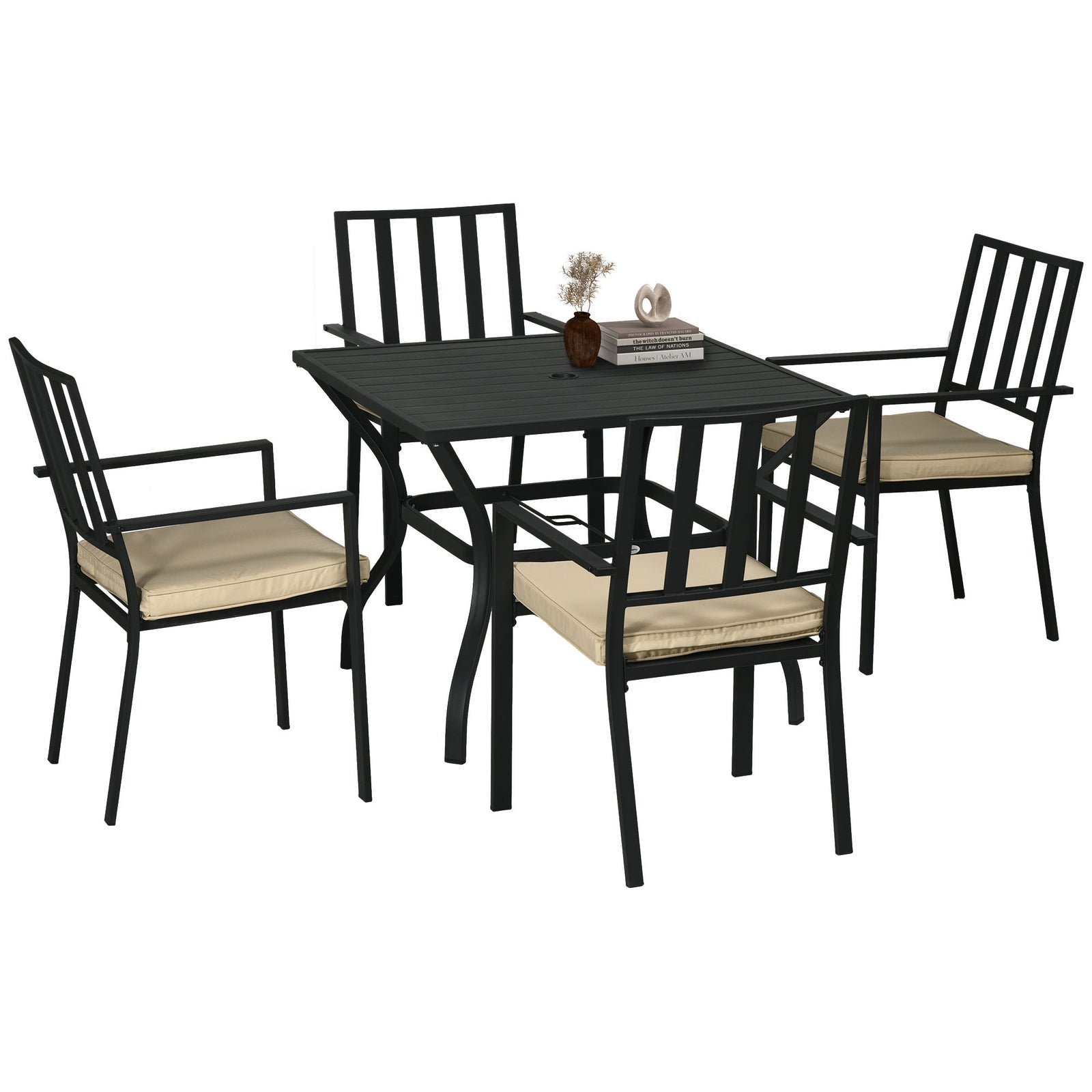 Garden Dining Set W/ Cushioned Chairs & Metal Table