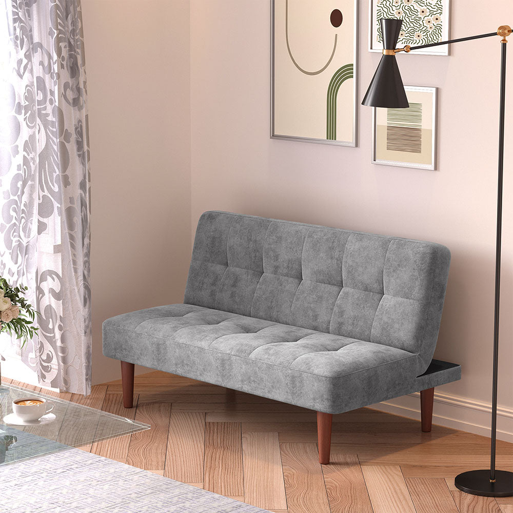 Small Modern 2-seater Padded Convertible Sofa Bed With Wooden Legs | Grey