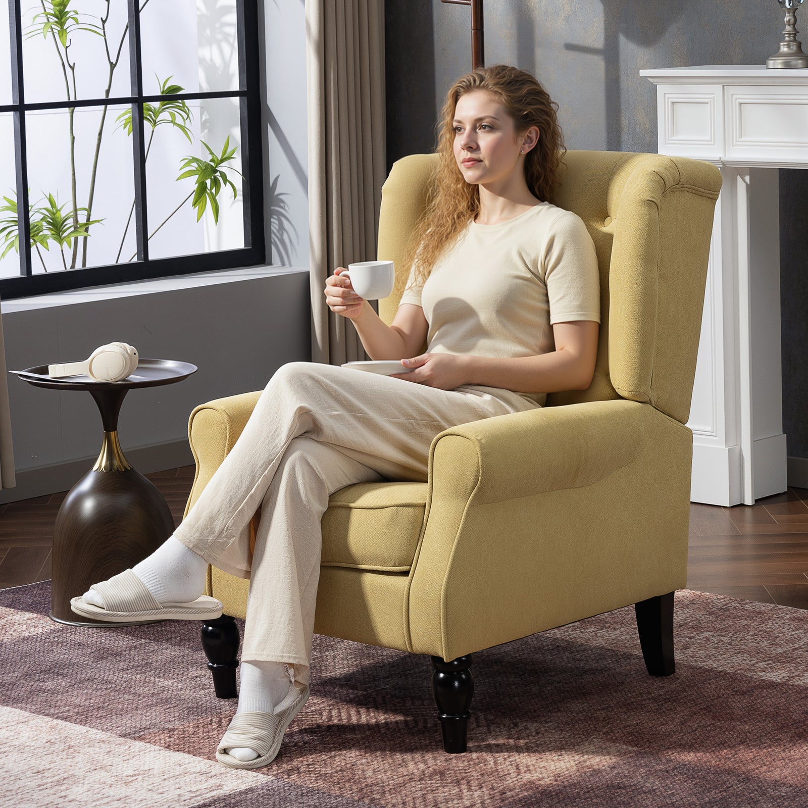Accent Armchair Home Furniture Retro Tufted Club Wood Fabric | Yellow