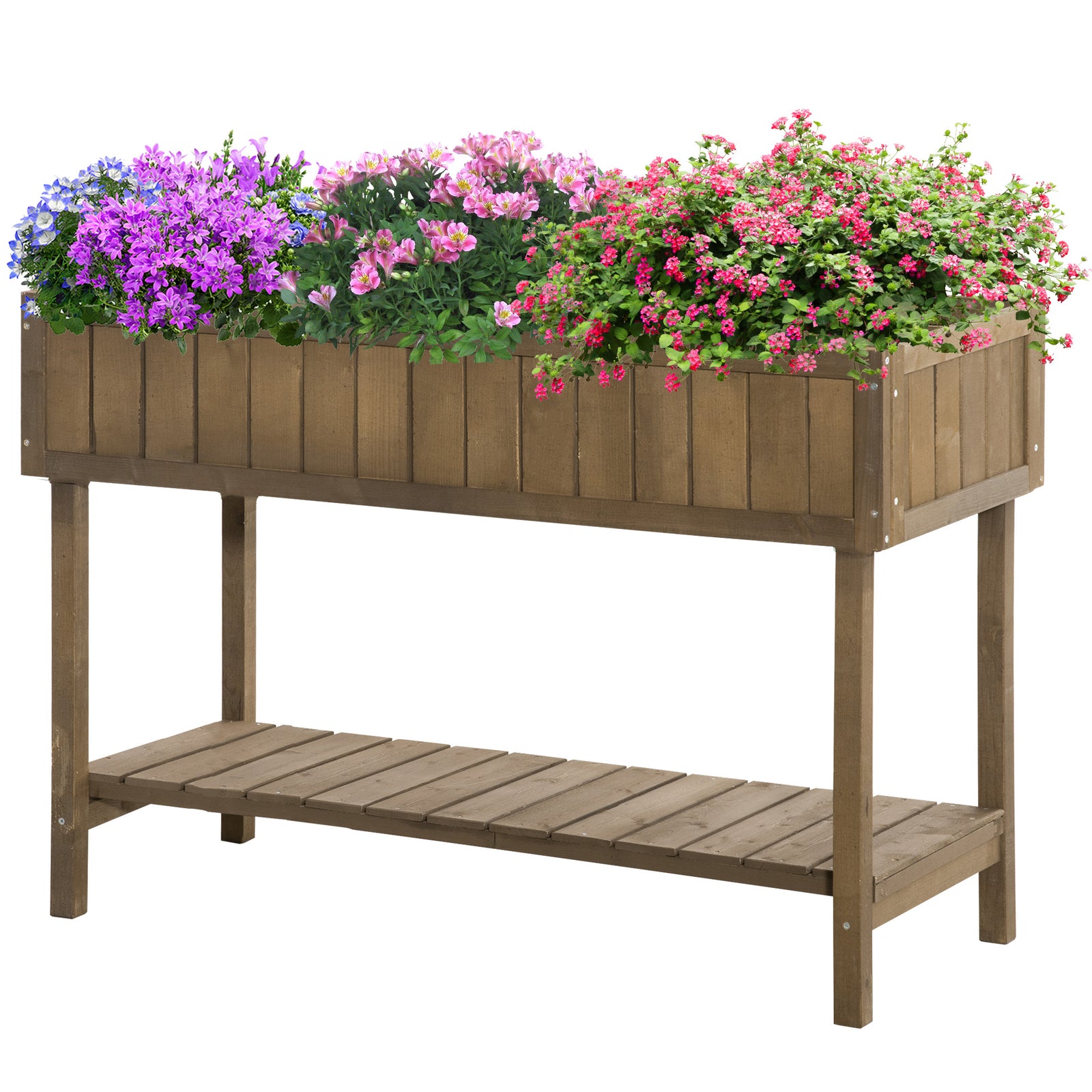 Elevated Wooden Garden Planter Stand With Shelf | Brown