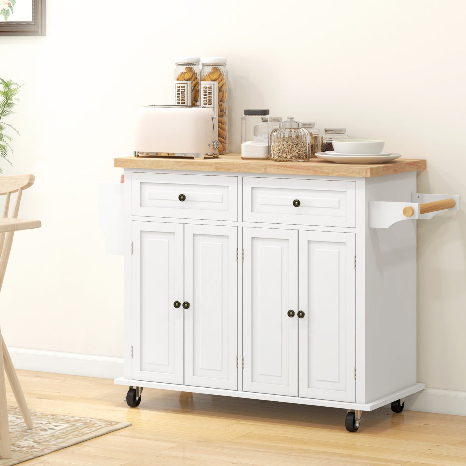Rolling Kitchen Island Cart With Rubber Wood Top, Spices Cream White