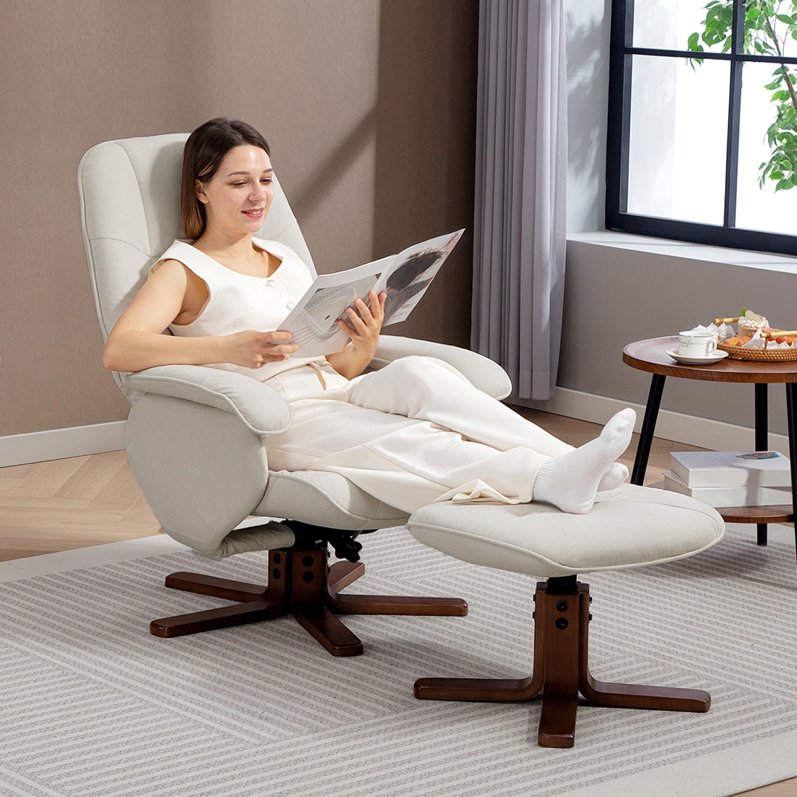 HOMCOM Swivel Recliner Chair With Footstool And Wooden Base, Beige