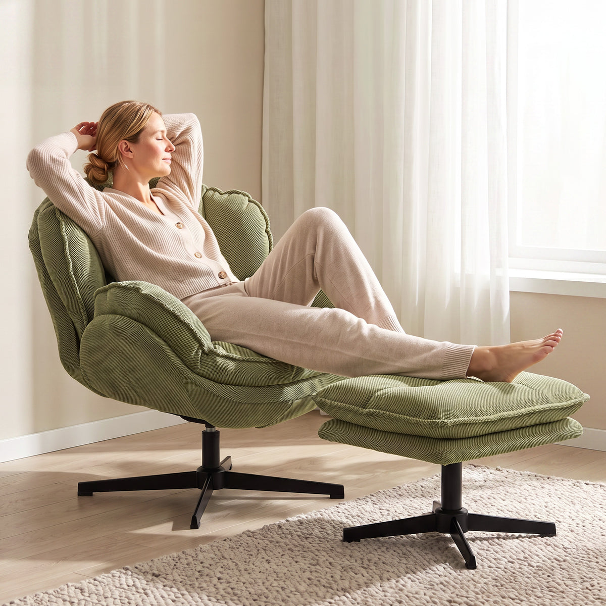 Armchair With Footstool, 360-degree Swivel Accent Chair | Green