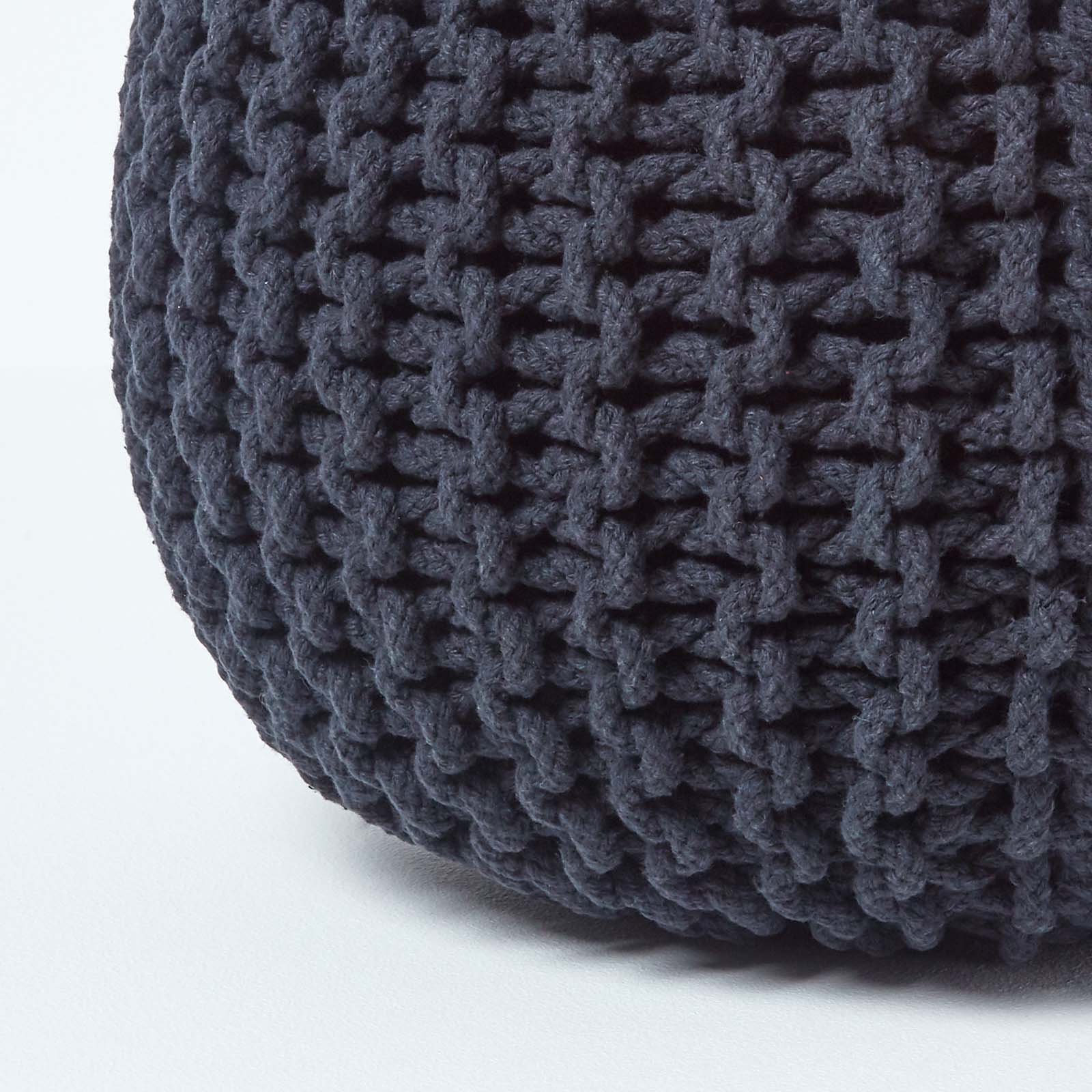 HOMESCAPES Black Round Cotton Knitted Pouffe Footstool