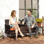 Rattan Garden Bench W/ Glass Tea Table, Wicker Chair W/ Cushions | Brown
