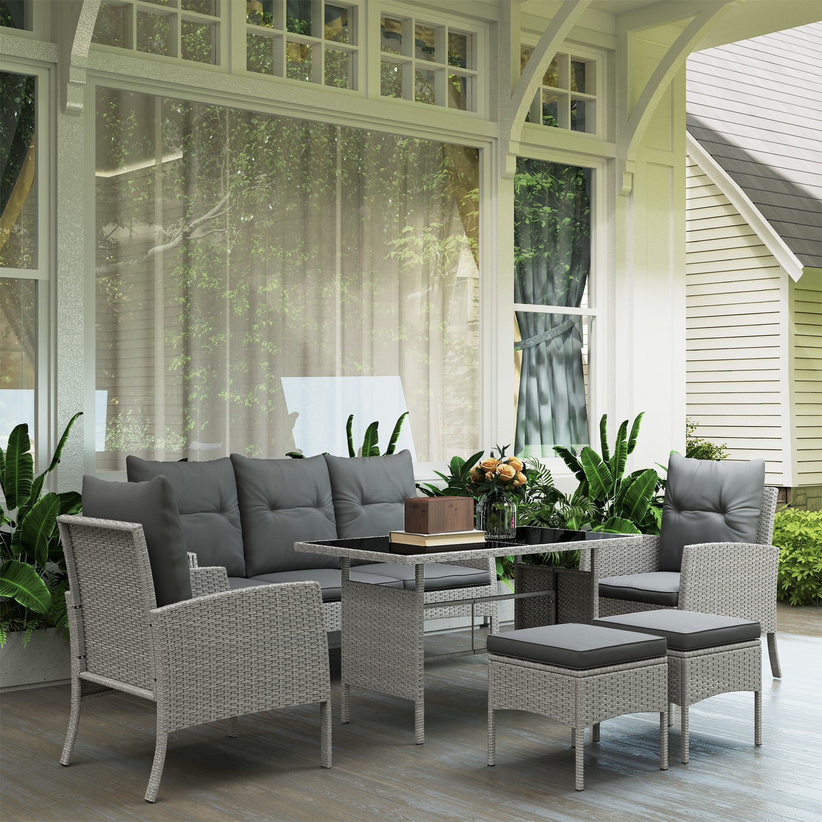 6 Pieces Rattan Garden Furniture Sofa Set, Grey