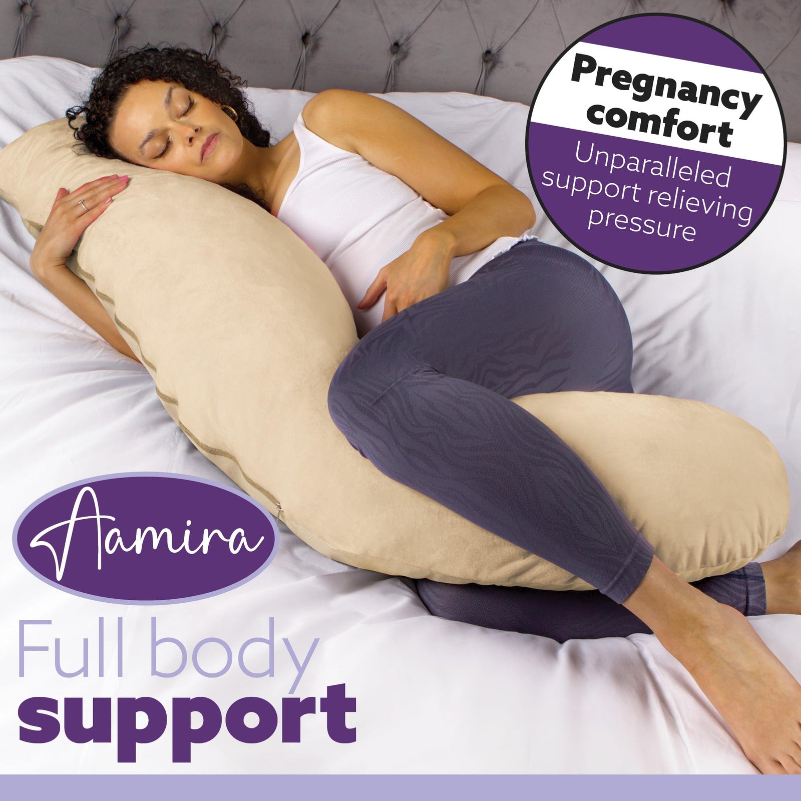 L Shaped Pregnancy Pillow, 145x25x20cm Shredded Memory Foam Full Body Maternity Cushion For Sleeping | J Shape | Cream
