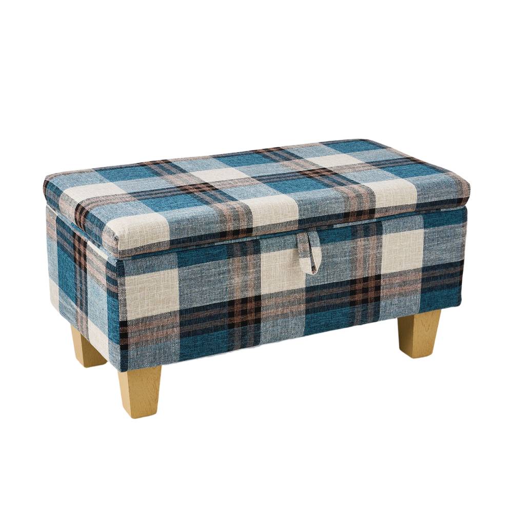 Plaid Linen Upholstered Storage Ottoman Bench With Hidden Storage | Large | Blue