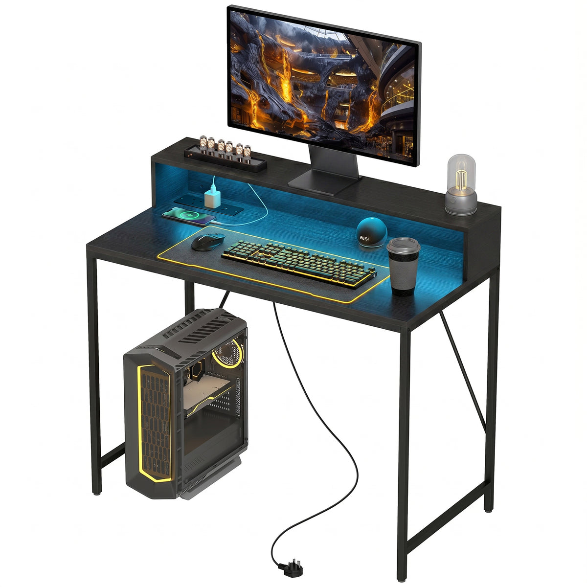 HOMCOM Gaming Desk With Led Lights And Power Outlets, Black Wood-effect