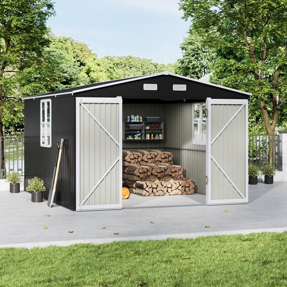 10x12ft Large Metal Storage Shed With Lockable Double Doors, 2 Windows, 4 Vents – Spacious Outdoor Tool Shed