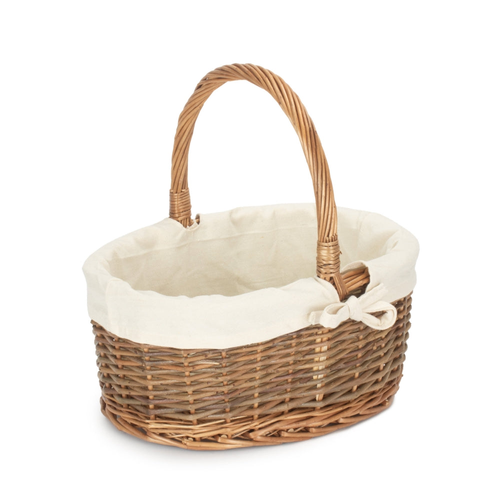 Red Hamper Oval Unpeeled Willow Shopping Basket With White Cotton Lining