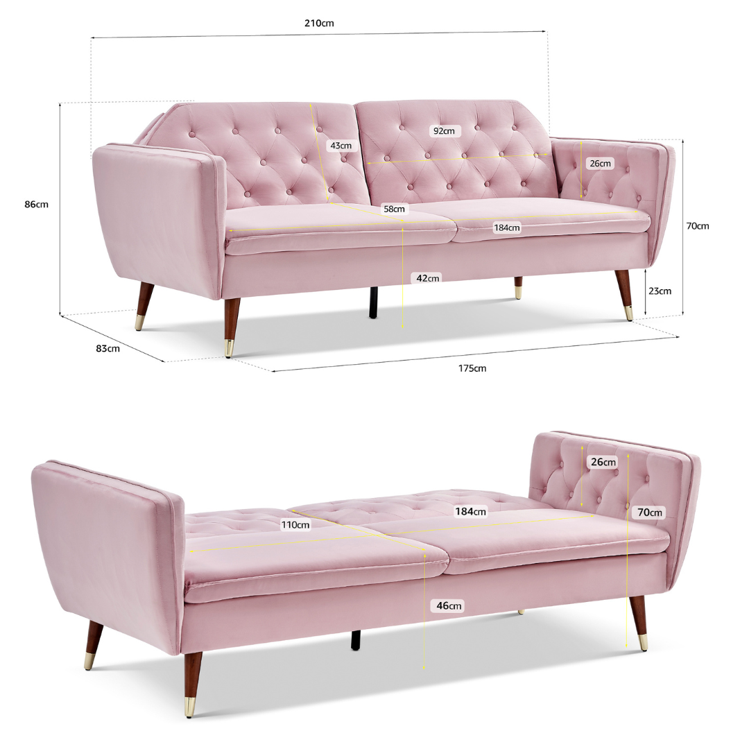 Velvet Click Clack Button Back Sofa Bed - 3 Seater | Pink