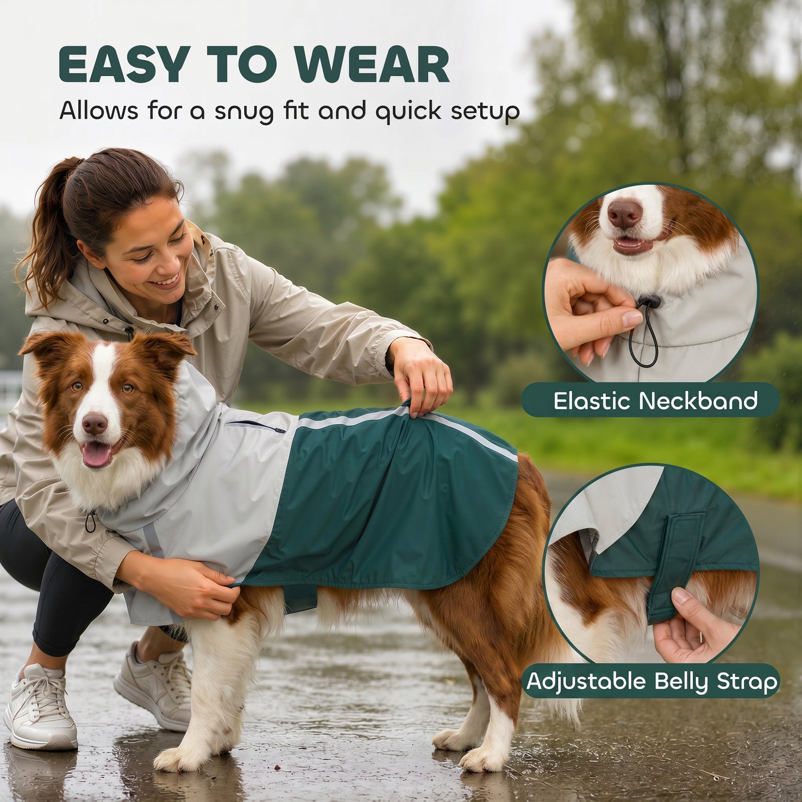 Dog Raincoat With Hood, Dog Rain Jacket | M | Green