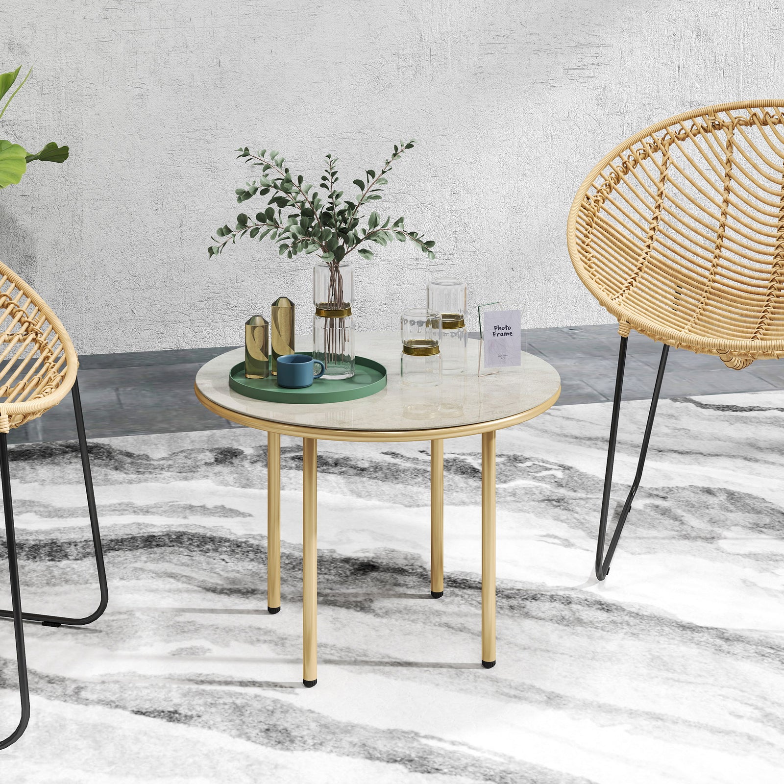60cm Faux Marble Side Table, Beige