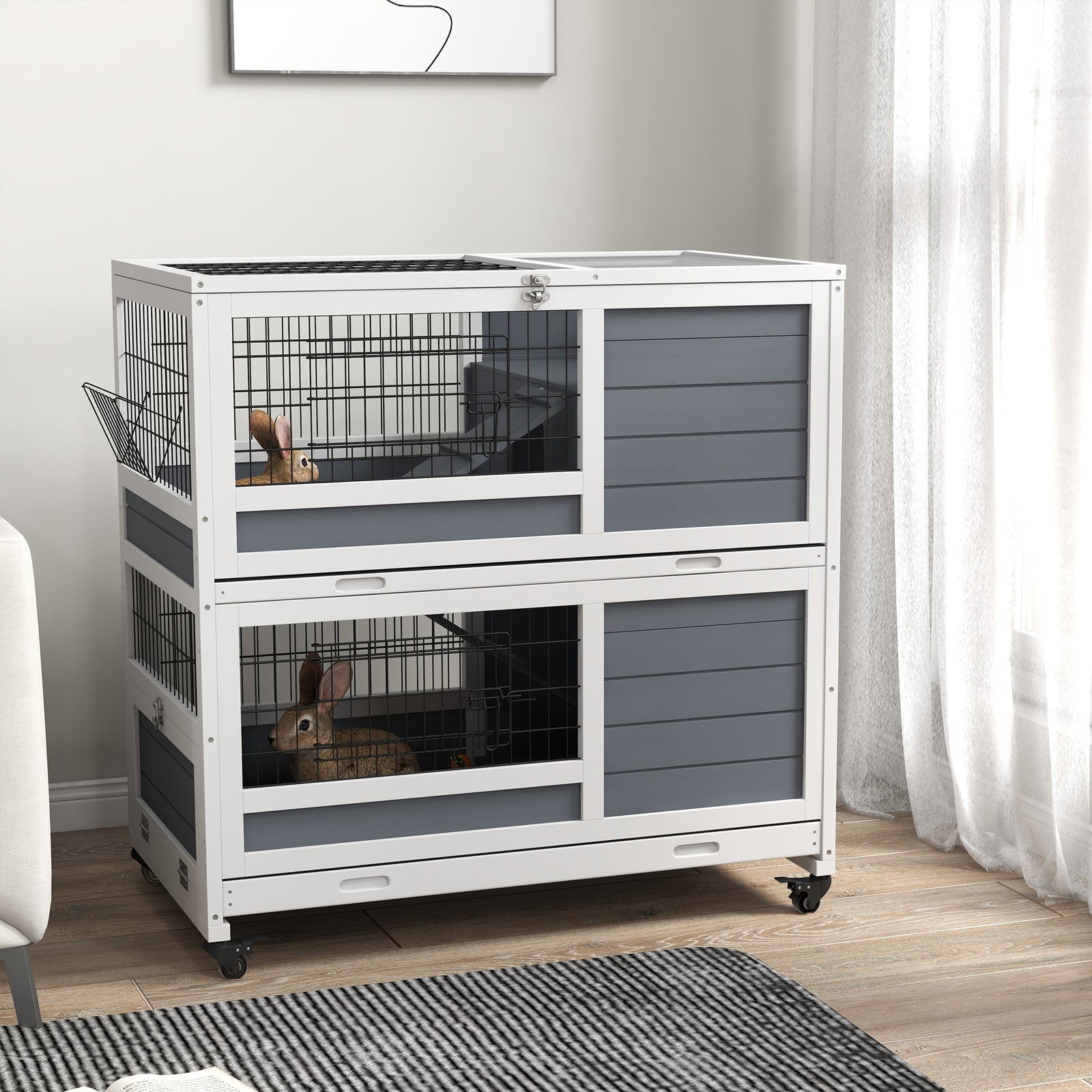 Double Deckers Indoor Rabbit Hutch W/ Feeding Trough, Slide-out Trays