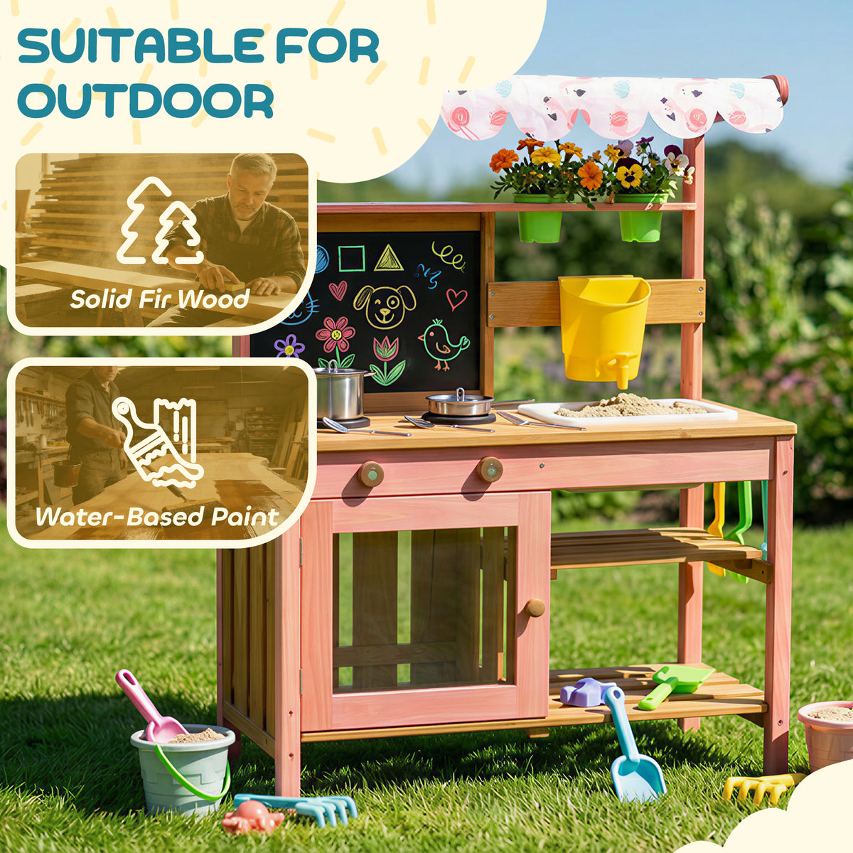 AIYAPLAY Wooden Kids Mud Kitchen With Canopy, Planter Box, Pink