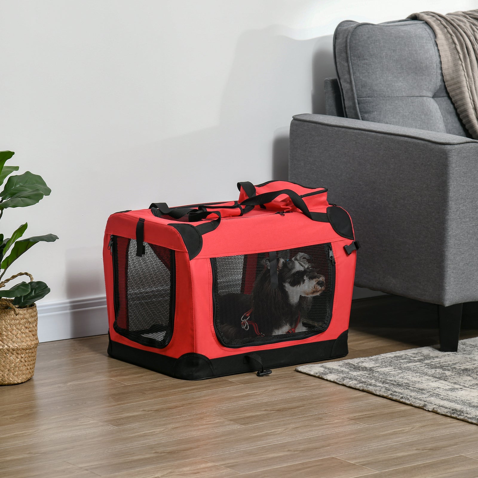 60cm Foldable Pet Carrier, Soft Side Pet Travel Crate W/ Mat, Red