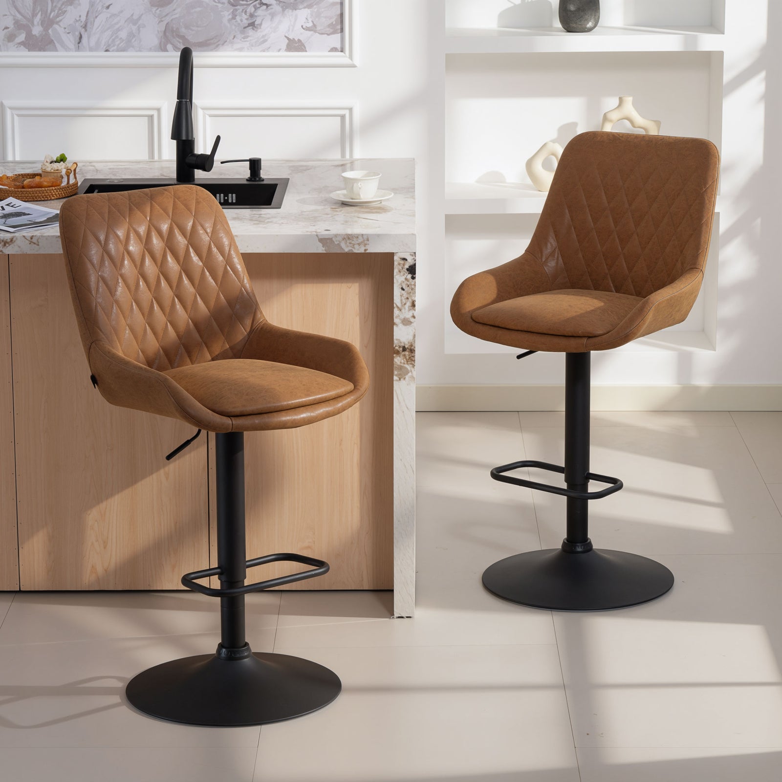 HOMCOM Bar Stools Set Of 2, Adjustable Bar Chairs 360 Degree Swivel