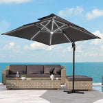 Double-tier 3m Square Solar Led Patio Umbrella Adjustable Height, 360° Rotation With Foot Pedal,cross Base Included