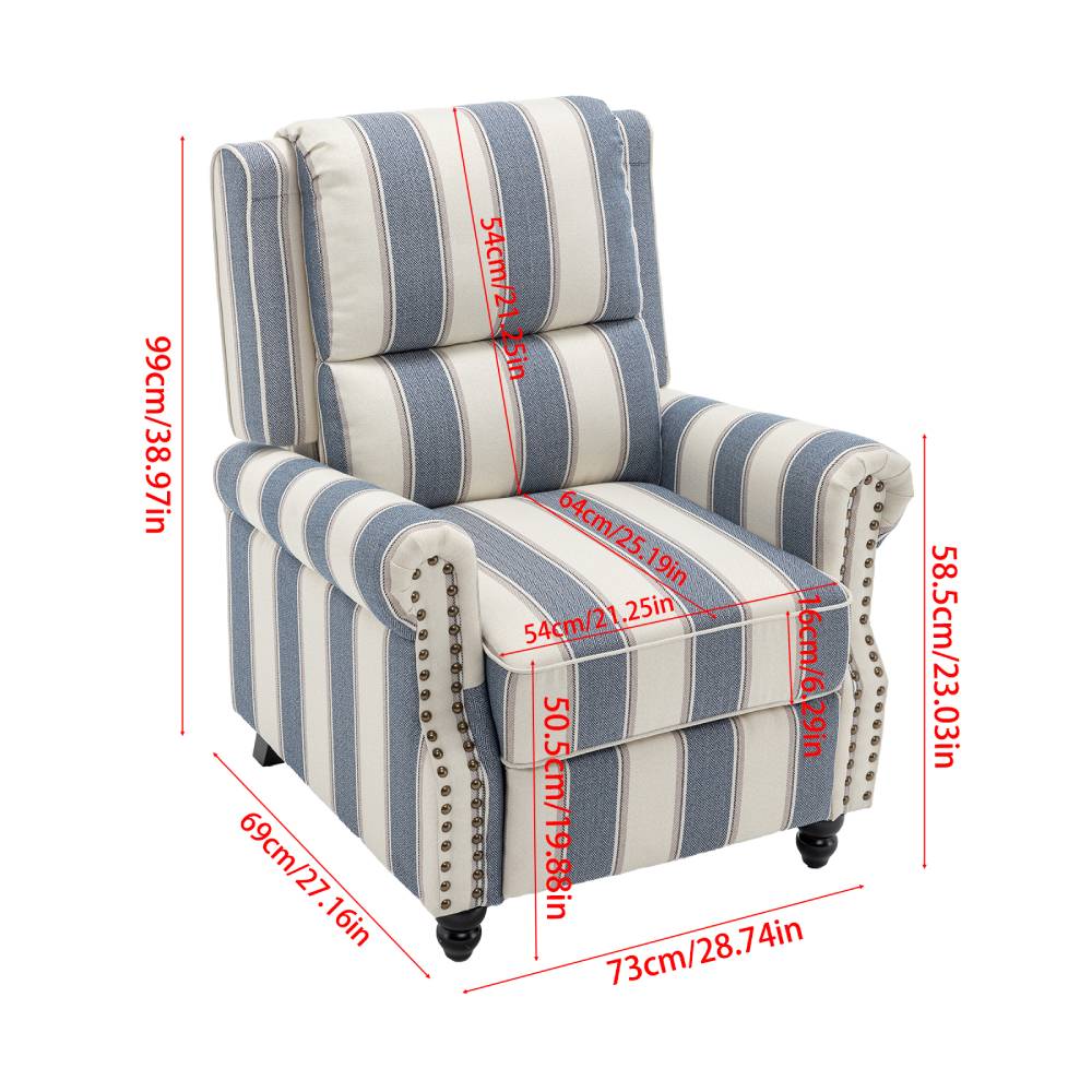 Modern Linen Upholstered Push Back Recliner Armchair With Adjustable Backrest & Hidden Footrest | Blue