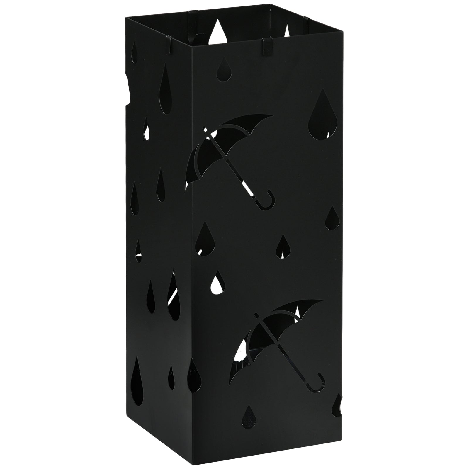 Metal Umbrella Stand, Square Umbrella Basket With 4 Hooks | One Size | Black