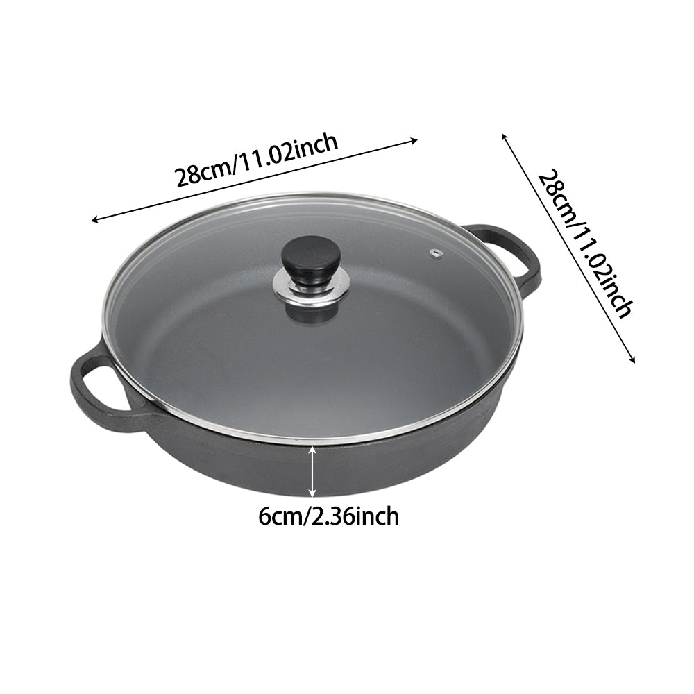 22cm/25cm/28cm Dia Pre-seasoned Round Cast Iron Braiser Pan With Lid & Double Handles | Large