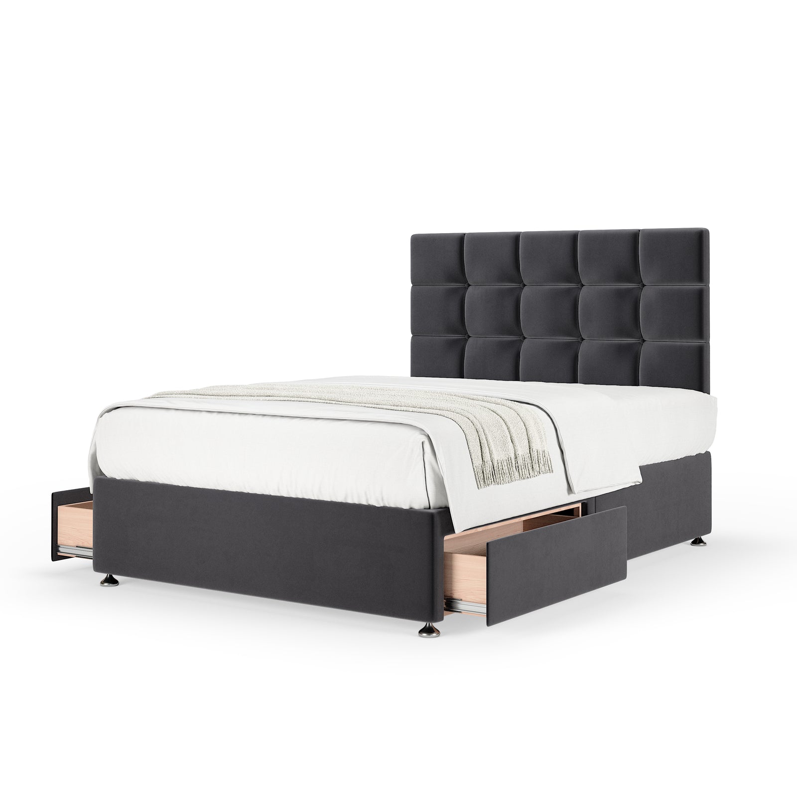 Plush Velvet 2 Drawer Divan Base And Square Headboard | King | Graphite