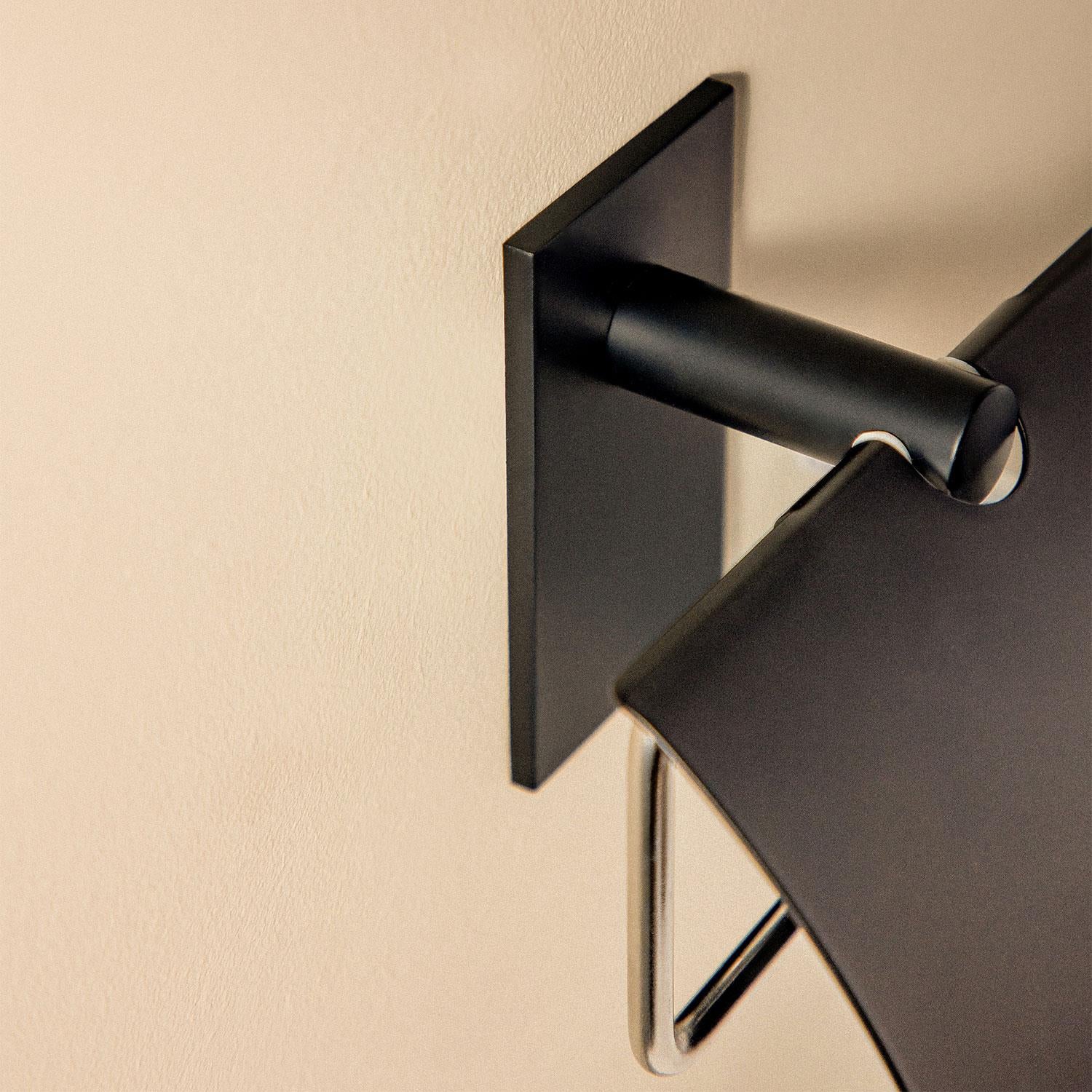 Toilet Roll Holder With Cover, Self-adhesive, Black, Stick Collection