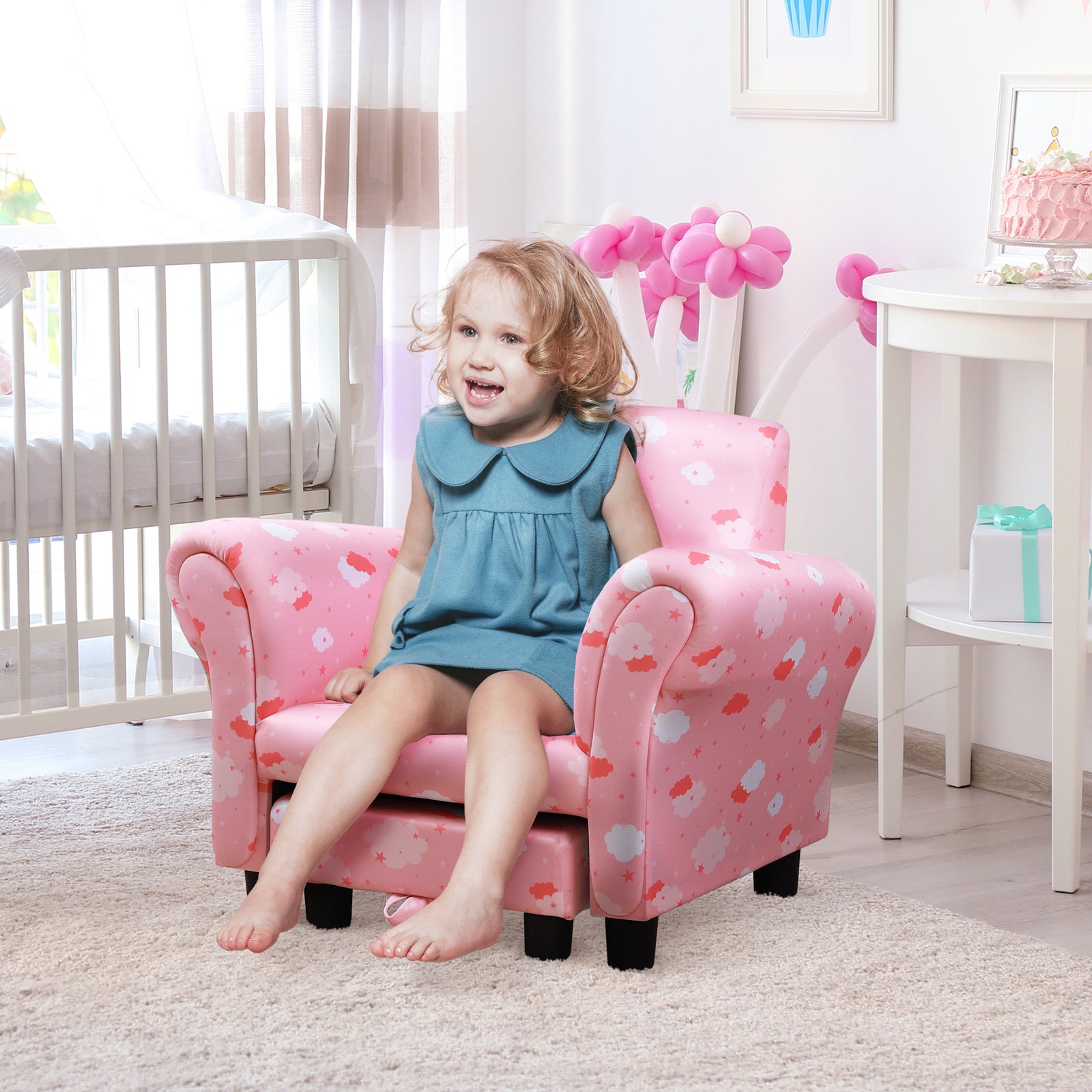 Cute Cloud Star Child Armchair Seat Wood Frame W/ Footrest Padding | Pink