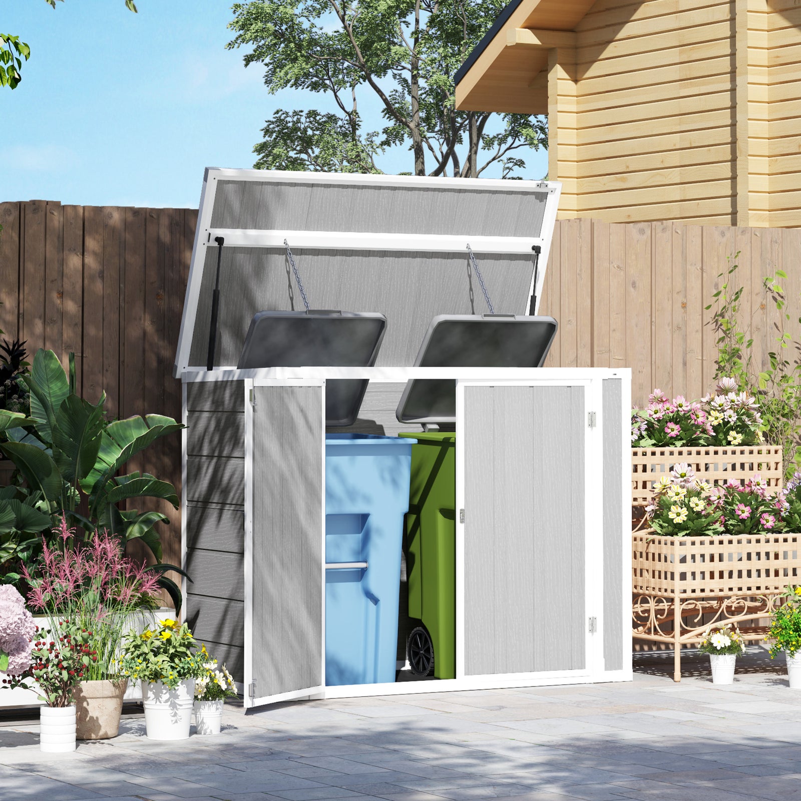 4.7 X 2.5ft Lockable Garden Shed, Double Bin Storage Shed | Light Grey