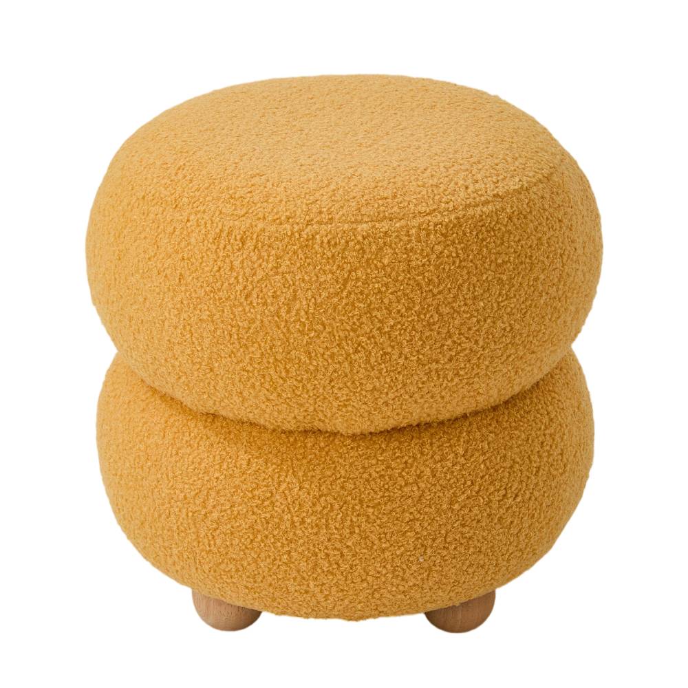 Round Teddy Fleece Upholstered Footstool Upholstered Ottoman With Wooden Legs | Mustard Yellow