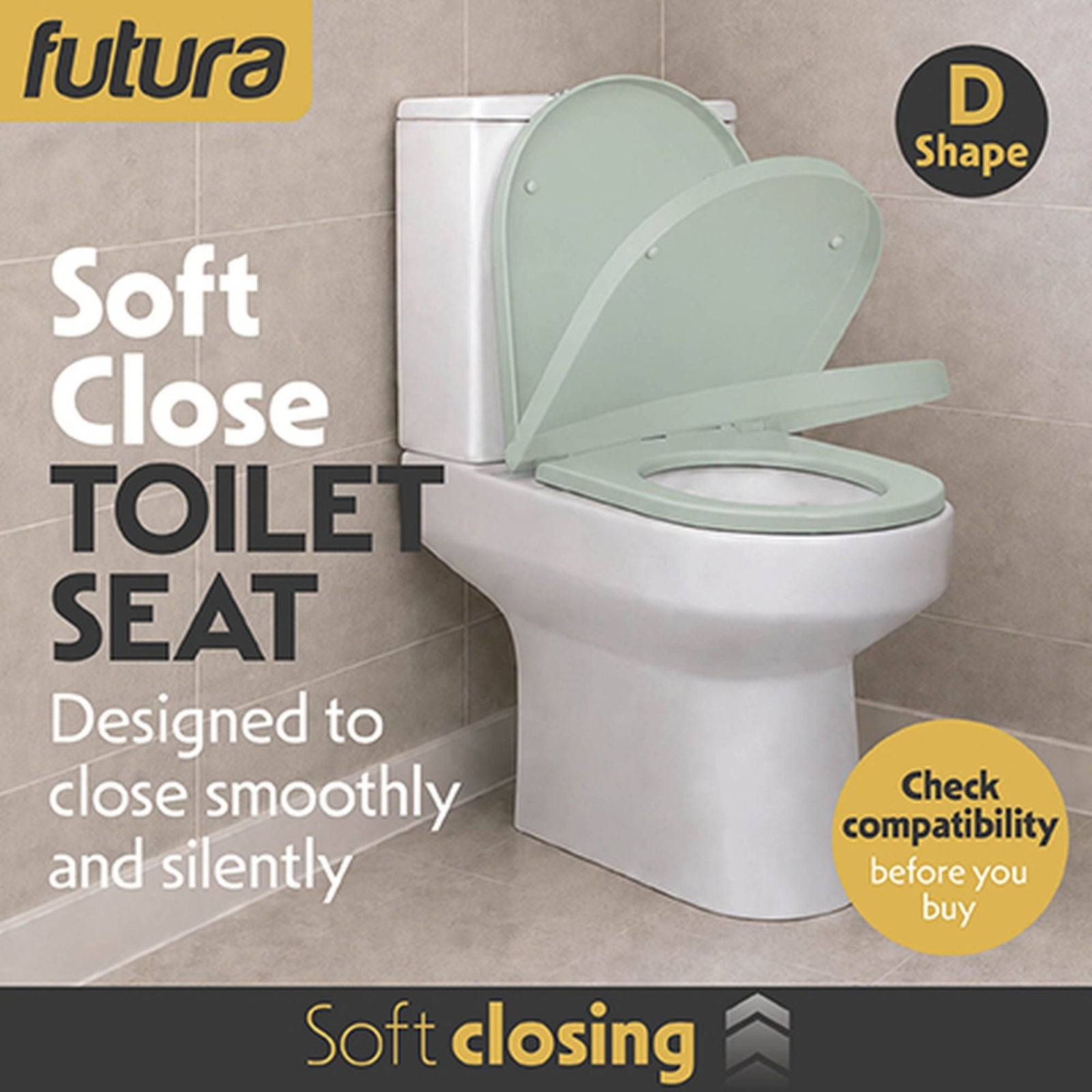 Toilet Seat Soft Close D Shape, Premium Thermoplastic, Quick Release, Top & Bottom Fixings | Sage Green