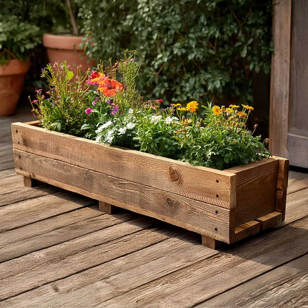 Pine Wooden Planter Flower Trough With Feet | 120cm x 18cm x 15cm | Brown