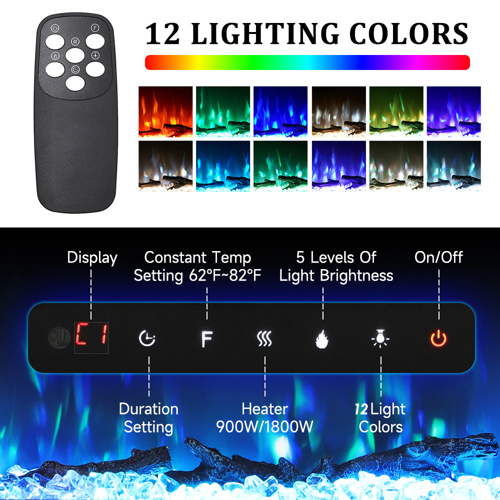 100''recessed & Freestanding Electric Fireplace – 12 Led Flame Colors, 900w/1800w Heat Settings, Touch Screen & Remote With Thermostat & Timer