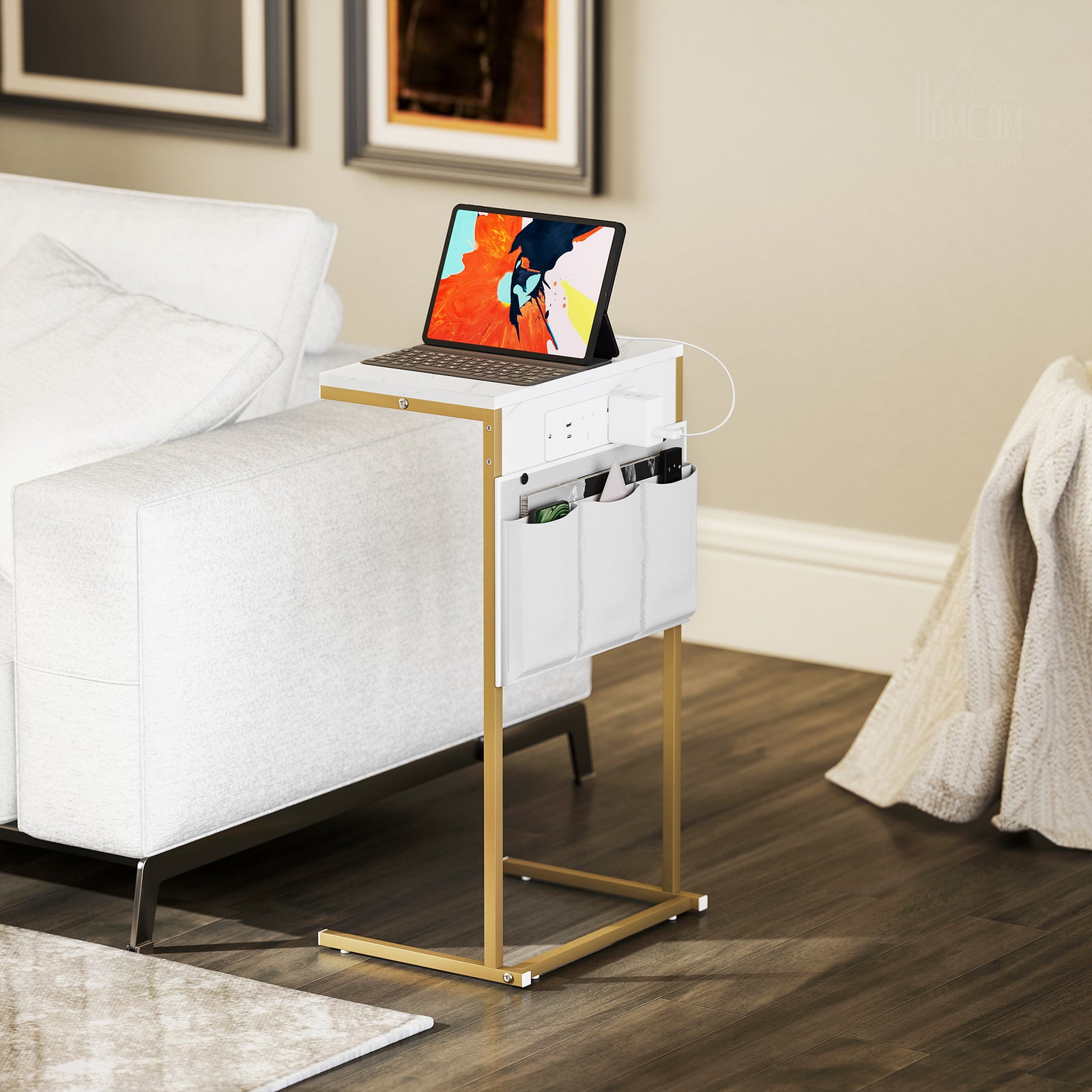 HOMCOM C-shaped Side Table With Charging Station, Modern Bedside Table