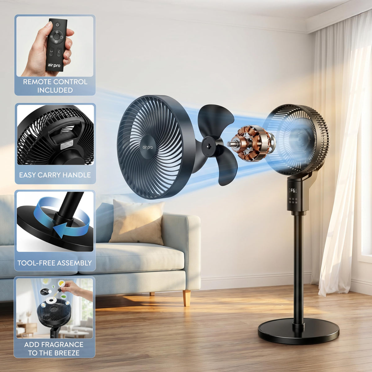40in Pedestal Fan Smartvoice With Remote Control & 12h Timer | Black