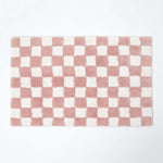 100% Cotton Non Slip Checked Bath Mat | 50 x 80cm | Pink & White