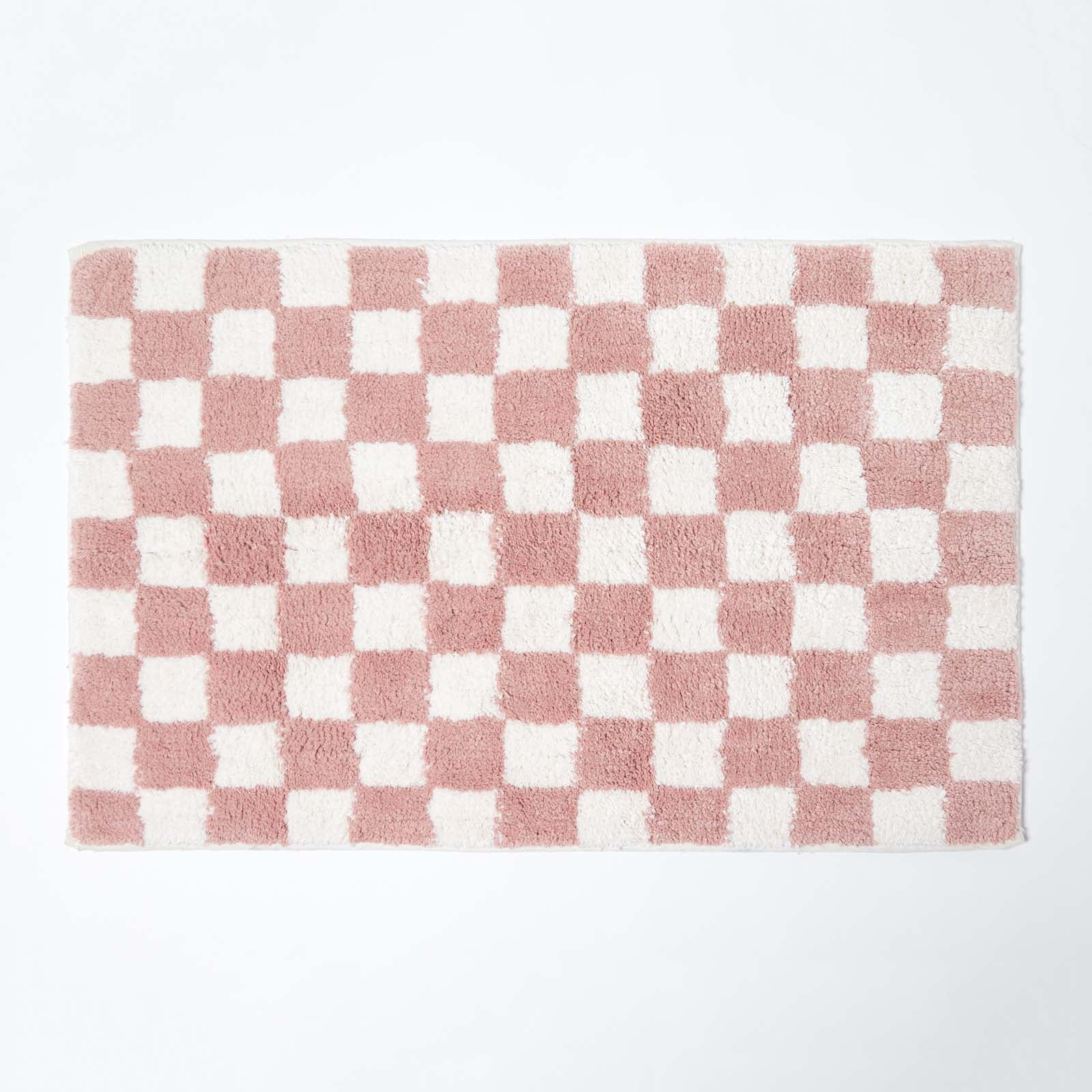 100% Cotton Non Slip Checked Bath Mat | 50 x 80cm | Pink & White