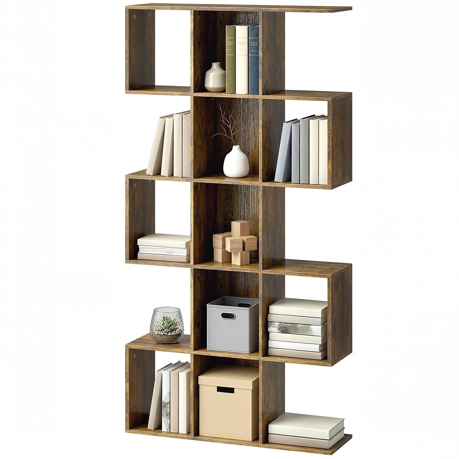 Geometric Bookshelf, 5-tier S Shaped Bookcase | Rustic Brown