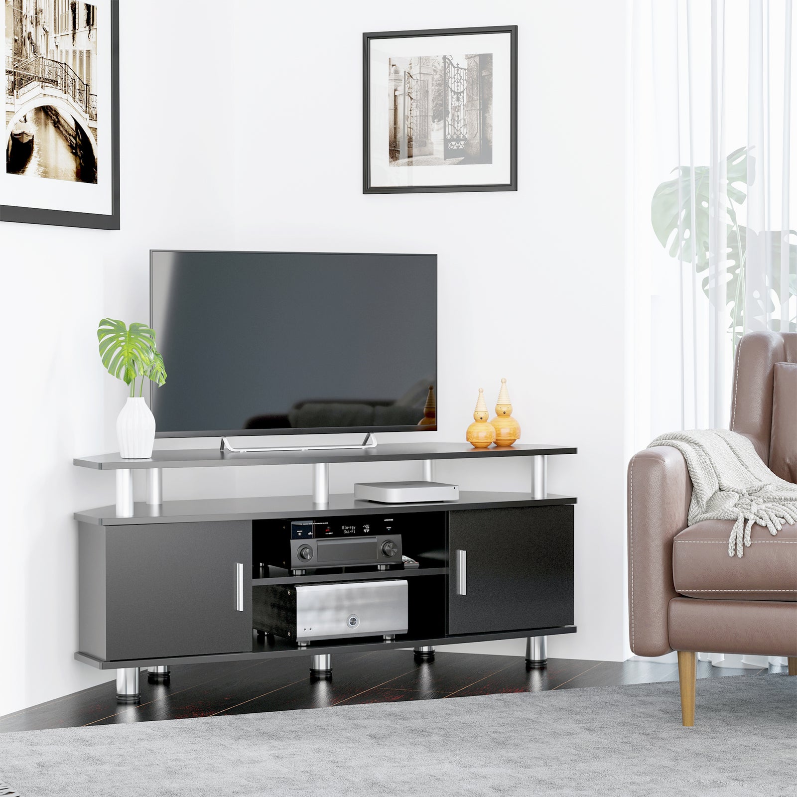 Tv Unit Cabinet W/ Storage Shelves Cupboard | Black