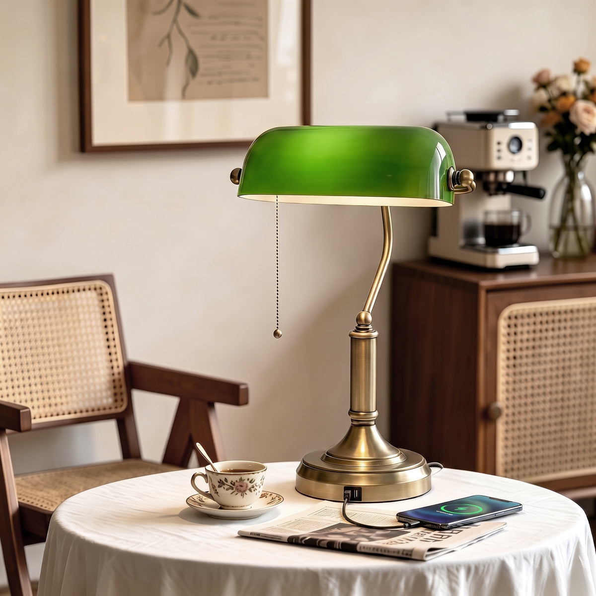 HOMCOM Desk Lamp With Vintage Bronze Tone Base, Pull Rope Switch, Green