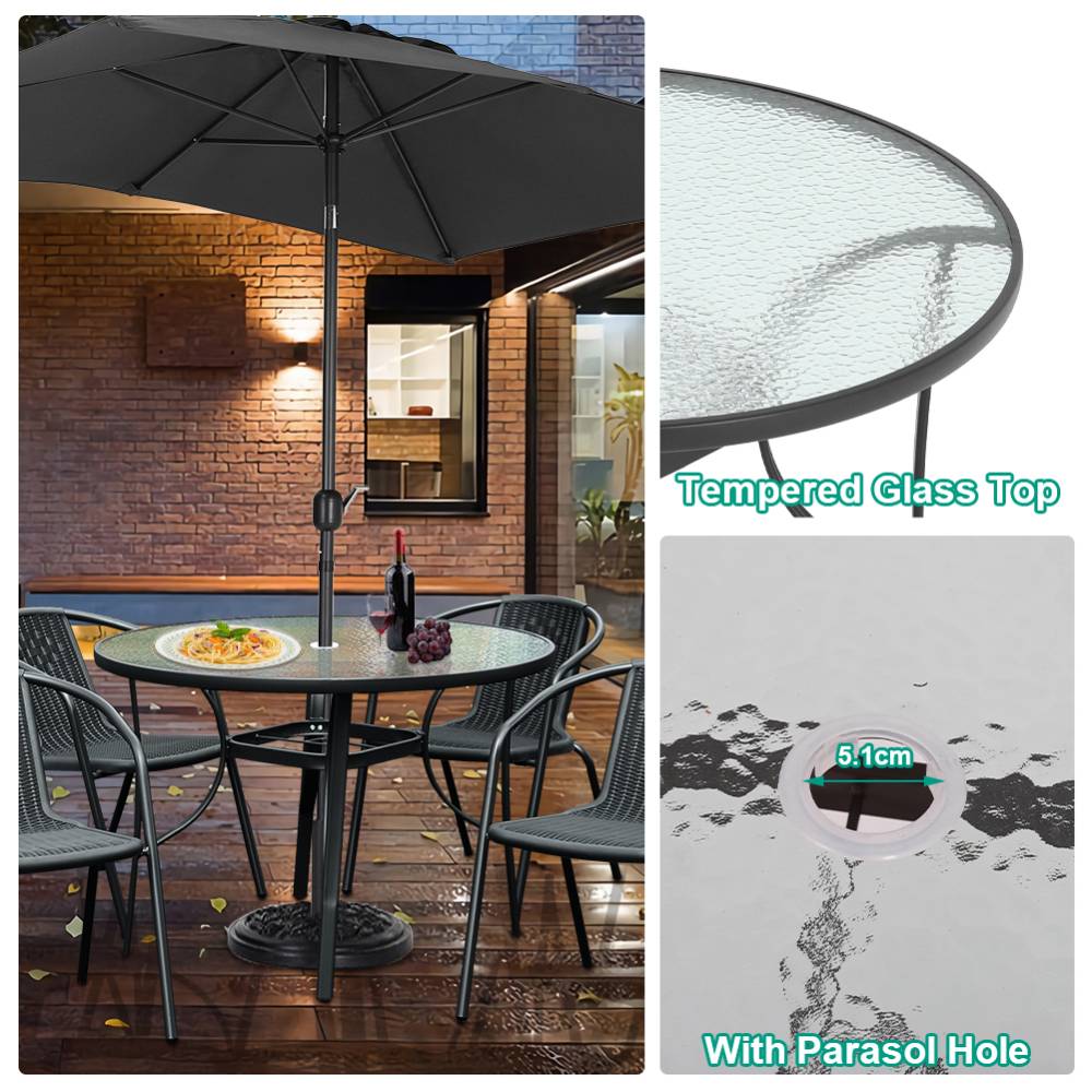 Rectangular Tempered Glass Outdoor Coffee Table With Parasol Hole - 105cm Dia X 72 Cm H | One Size | Black