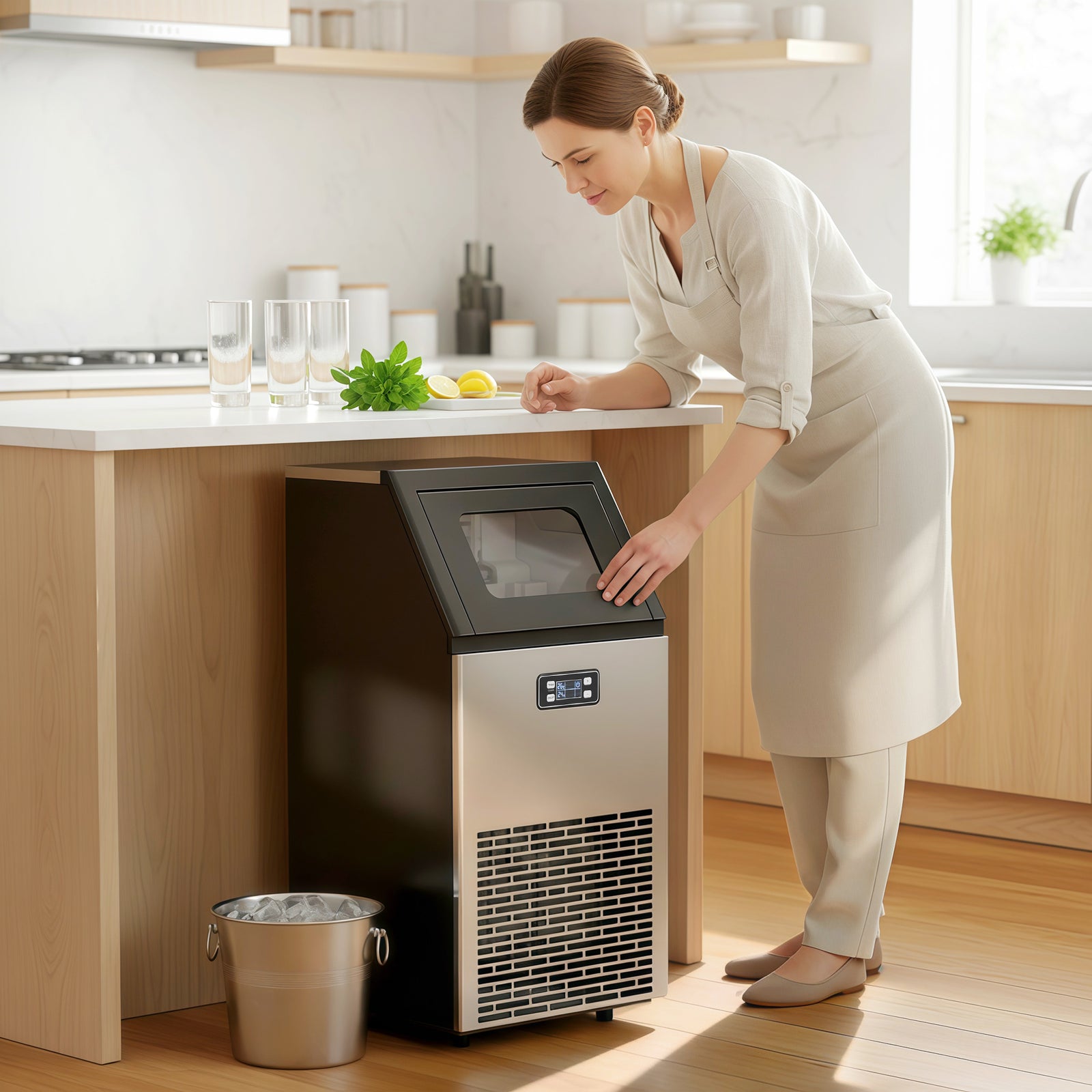 Freestanding Ice Machine With 45kg/24h Capacity, Commercial Ice Maker