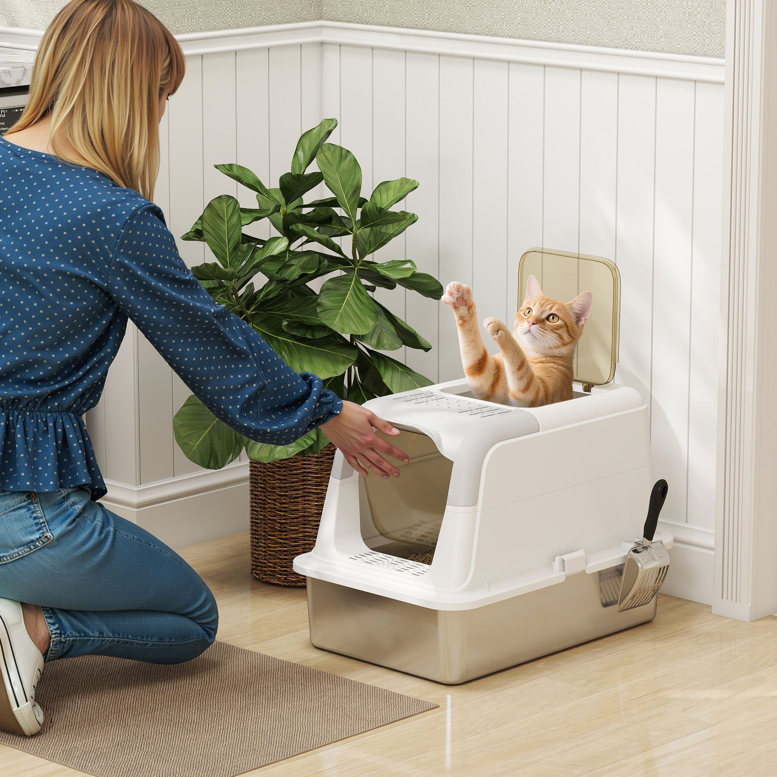 Stainless Steel Litter Box, Enclosed Metal Litter Tray With Scoop