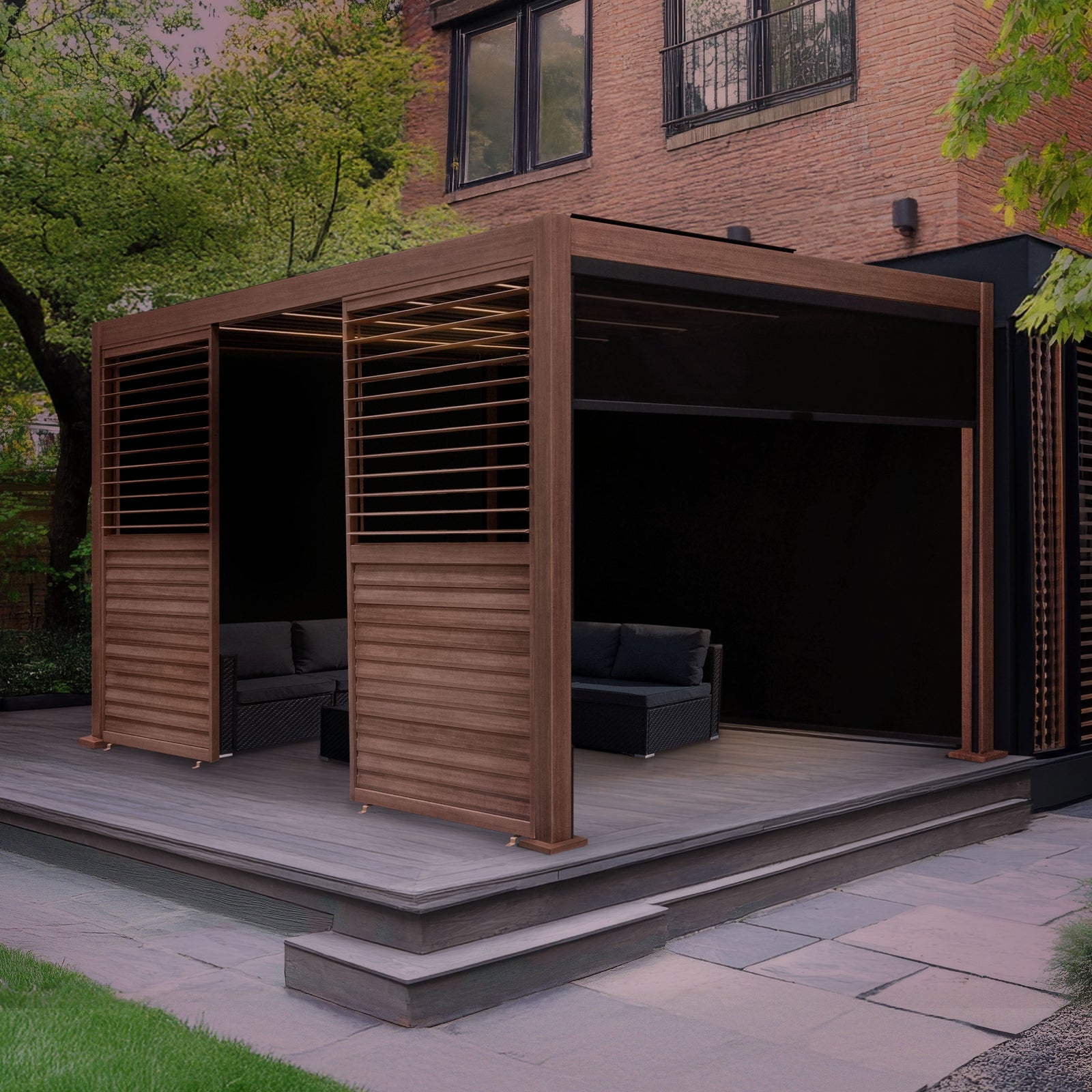 Wood Effect Aluminium Pergola With Blinds, 2 X Side Panels & Led Lights | 4m x 3m | Brown