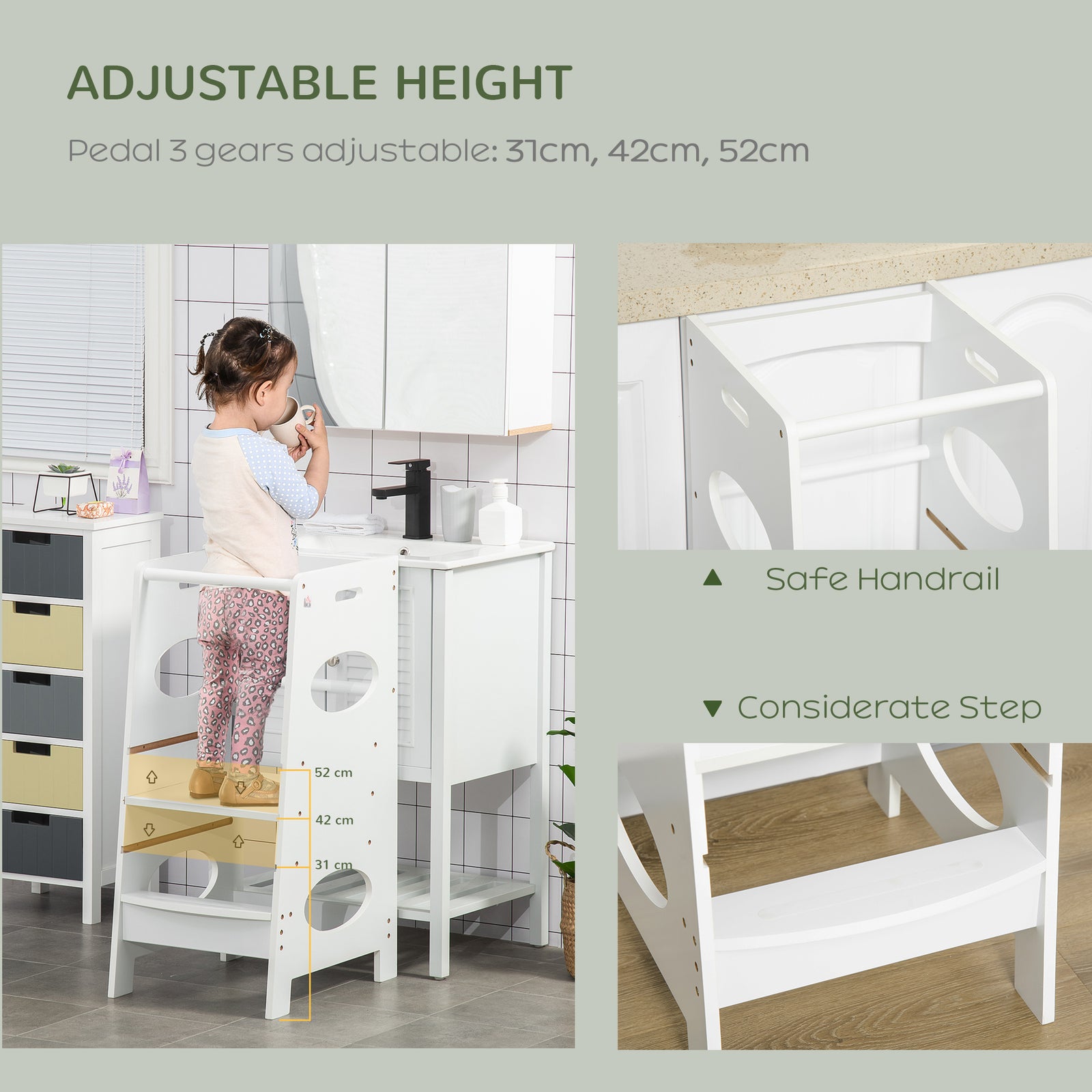 Step Stool Toddler Kitchen Stool With Adjustable Standing Platform | White
