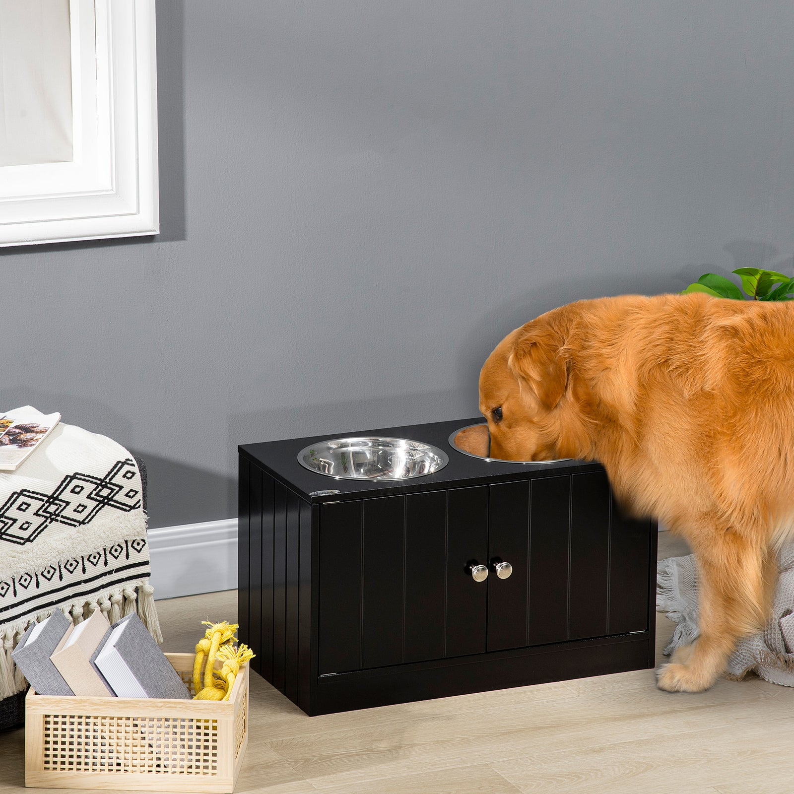 Raised Dog Bowls For Large Dogs Feeding Station W/ Stand, Storage | Black